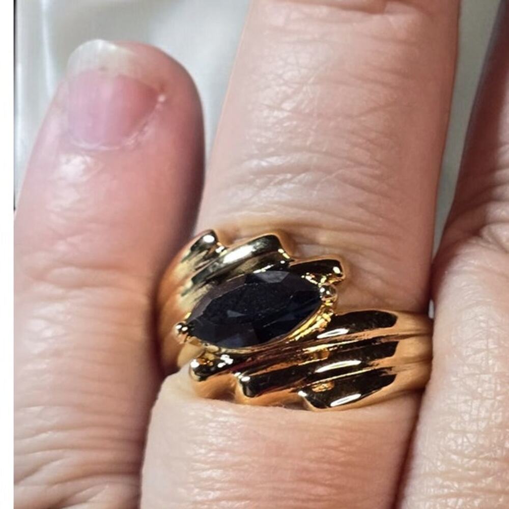 Midnight Blue Crystal Victorian Style Ring 10 – Gold EP Vintage Romantic